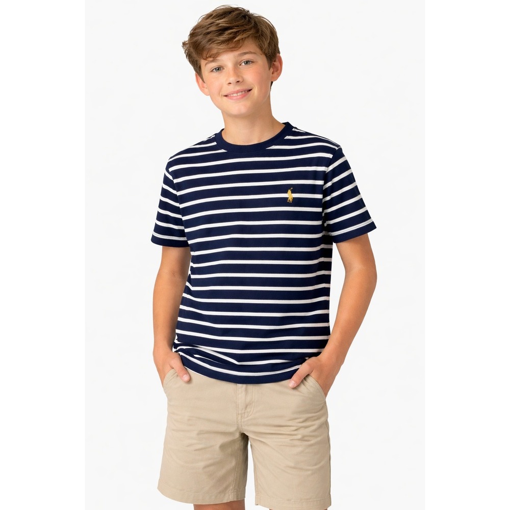 Polo‎ Ralph Lauren Boys Navy Blue White Striped Pique T-Shirt Size L 16/18 Large